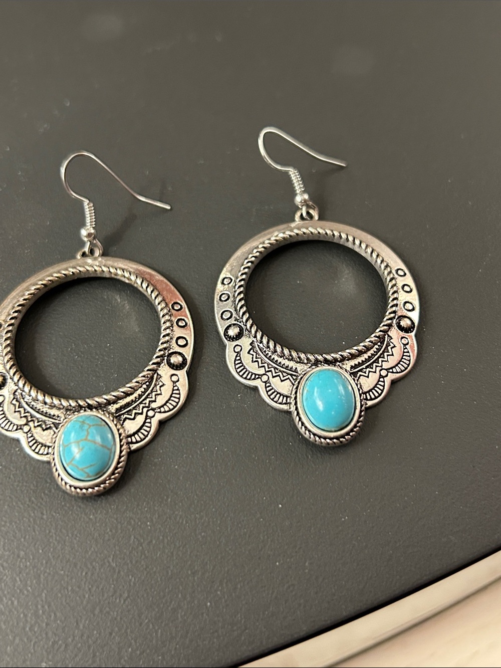 Turquoise Stone Silver-Tone Hoop Drop Earrings - Women Jewelry